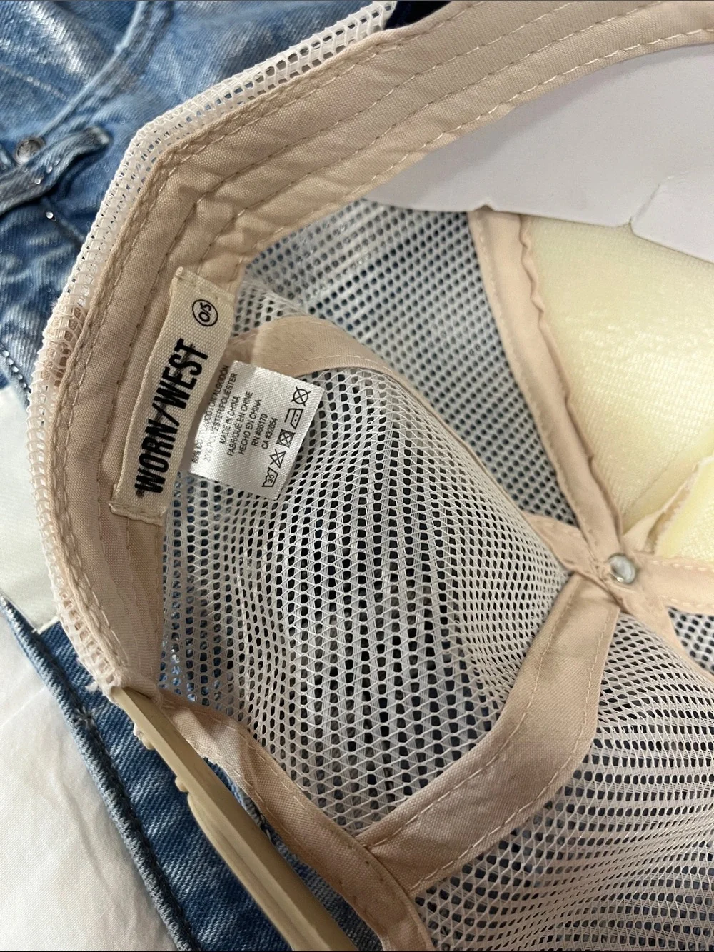 Anthropologie Worn West Le Sport Script Trucker Hat - Cream and Navy New